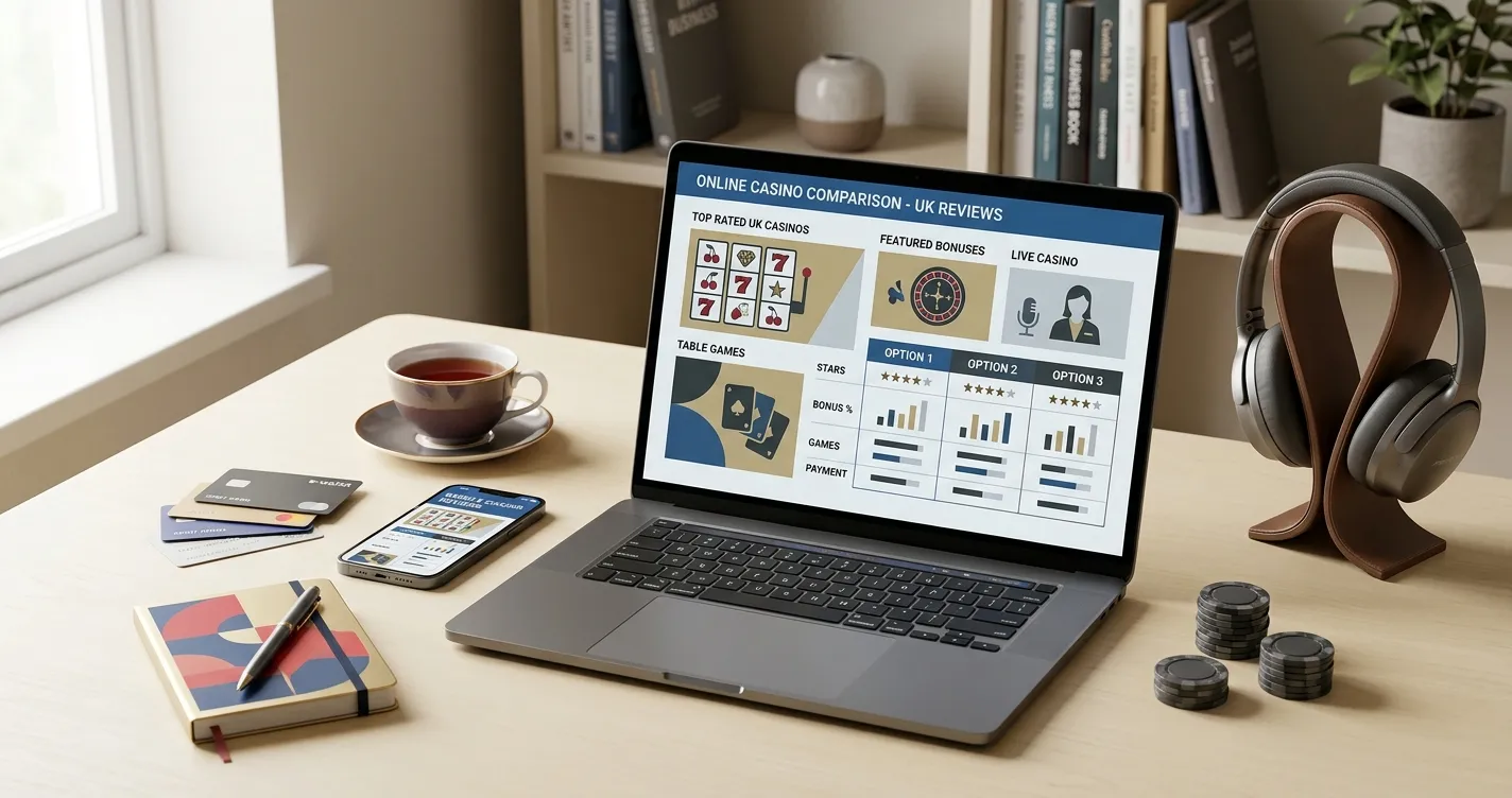 Illustration of a UK casino comparison workspace with abstract game and payment symbols