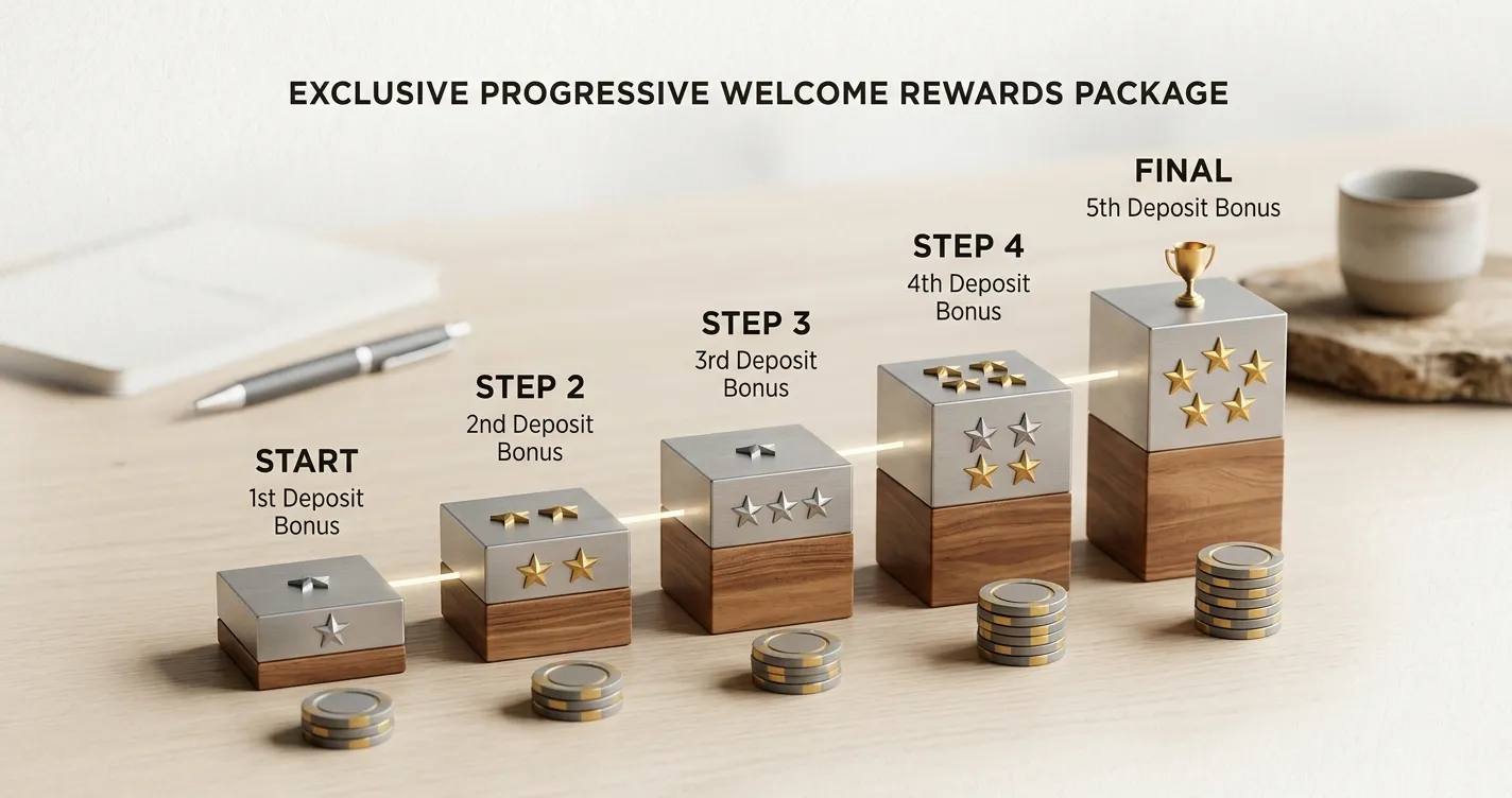 Abstract illustration of five stacked bonus stages without text or currency values