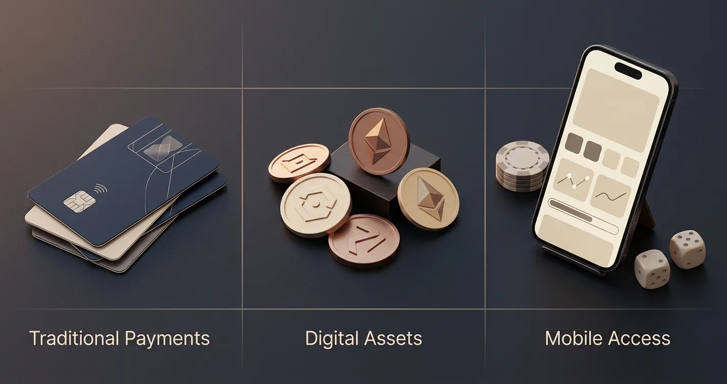Illustration of payment cards, crypto symbols and a mobile device in a neutral comparison layout